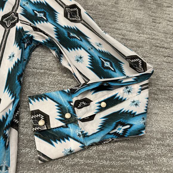 Rock & Roll Cowboy Shirt Mens XL Blue Black White Aztec Pearl Snap Western Retro - Picture 4 of 12